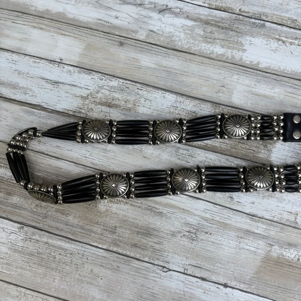 Cactus Mountain Western Belt 38 Handmade Black Silver 4 Strand Bone Beads Concho